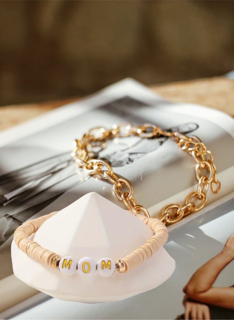 Happy Birthday Mother's Gift Elegant Polymer Clay MOM Beaded Bracelet Present Surprise, Gold Letter Charms Beige Pink White Stones Fashion Accessories for Mum to be, Best Mom, Beige Color  - Image 4