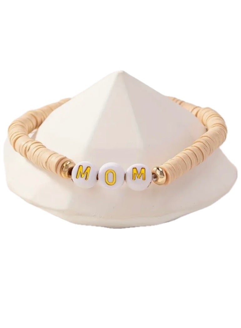 Happy Birthday Mother's Gift Elegant Polymer Clay MOM Beaded Bracelet Present Surprise, Gold Letter Charms Beige Pink White Stones Fashion Accessories for Mum to be, Best Mom, Beige Color  - Image 1
