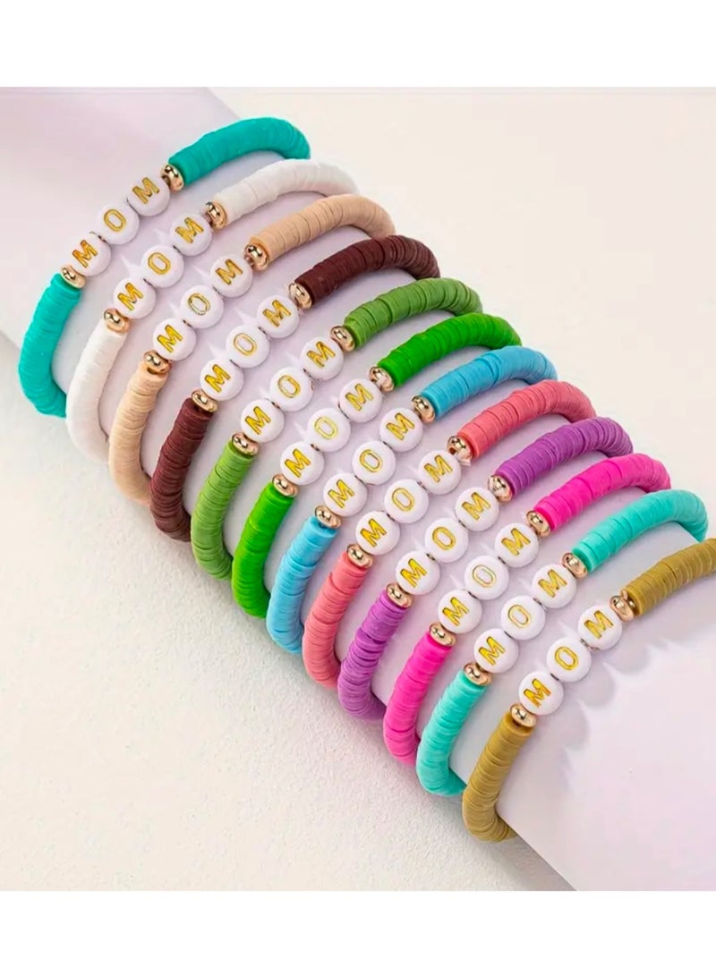 Happy Birthday Mother's Gift Elegant Polymer Clay MOM Beaded Bracelet Present Surprise, Gold Letter Charms Beige Pink White Stones Fashion Accessories for Mum to be, Best Mom, Beige Color  - Image 3
