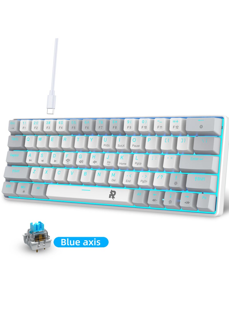 ROCK POW 60% Wired Mechanical Gaming Keyboard 63 keys Ice Blue Backlit Ultra-Compact Mini Keyboard Mini Compact Keyboard for PC/Mac Gamer Typist Easy Carry on Trip Blue Switch - Image 1