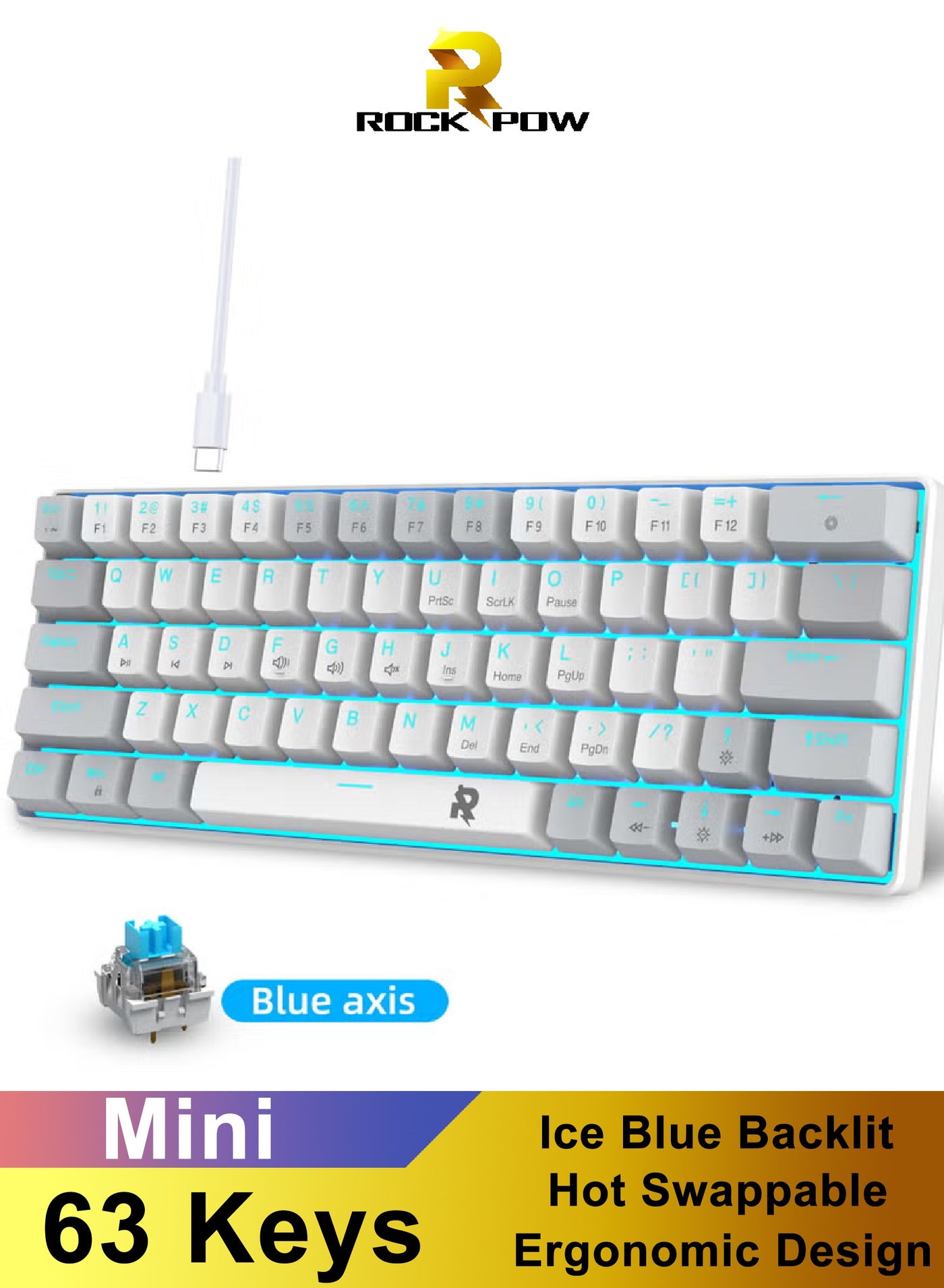 ROCK POW 60% Wired Mechanical Gaming Keyboard 63 keys Ice Blue Backlit Ultra-Compact Mini Keyboard Mini Compact Keyboard for PC/Mac Gamer Typist Easy Carry on Trip Blue Switch
