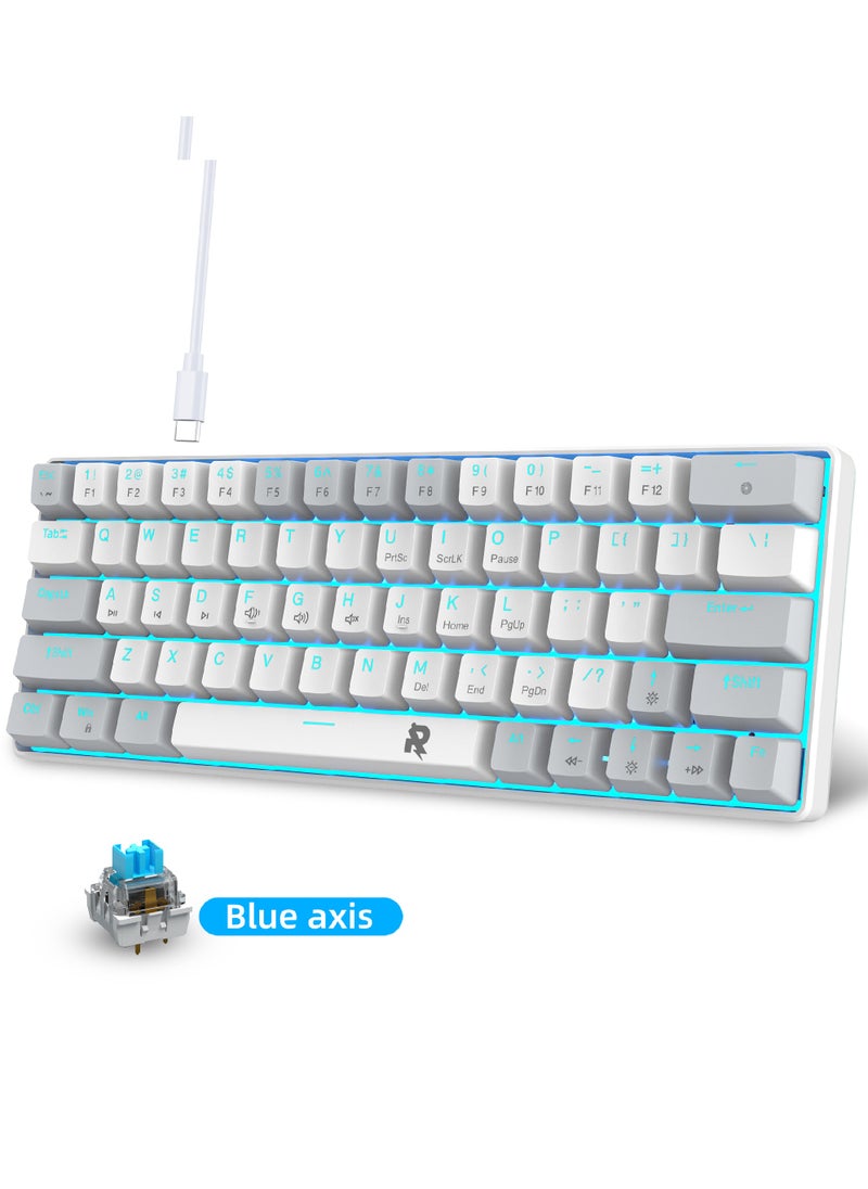 Rock Pow - ROCK POW 60% Wired Mechanical Gaming Keyboard 63 keys Ice Blue Backlit Ultra-Compact Mini Keyboard Mini Compact Keyboard for PC/Mac Gamer Typist Easy Carry on Trip Blue Switch - Image 1