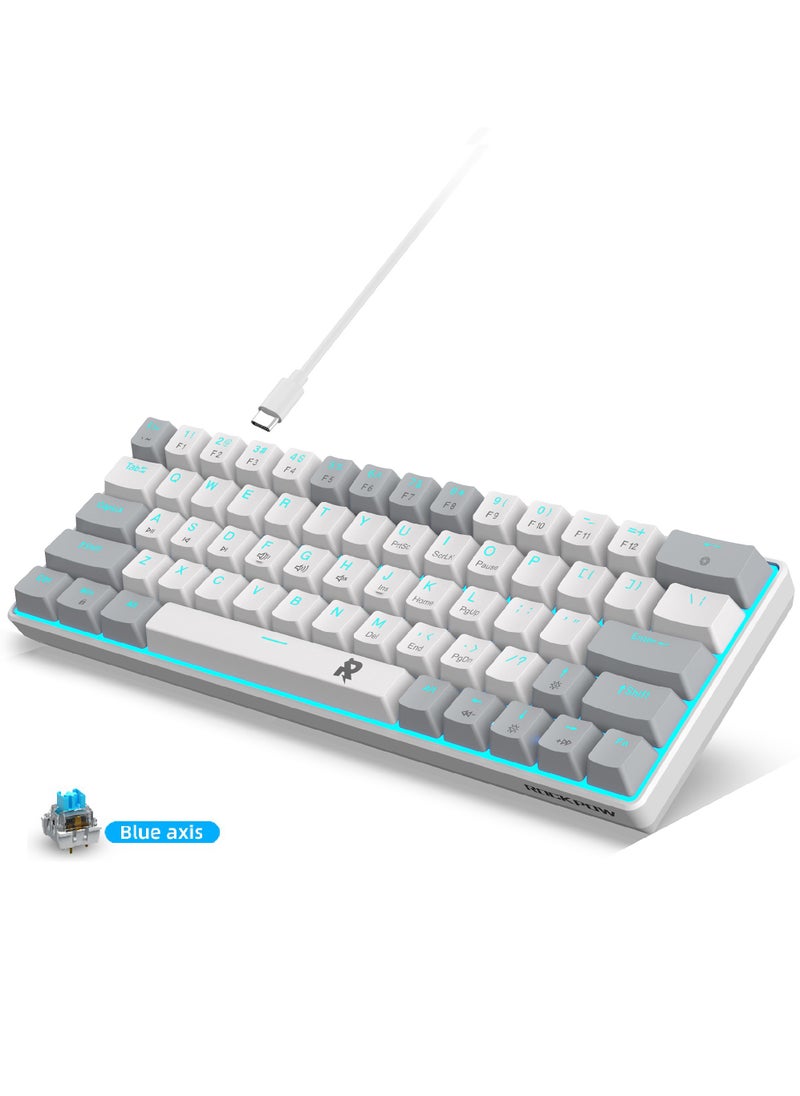 Rock Pow - ROCK POW 60% Wired Mechanical Gaming Keyboard 63 keys Ice Blue Backlit Ultra-Compact Mini Keyboard Mini Compact Keyboard for PC/Mac Gamer Typist Easy Carry on Trip Blue Switch - Image 1