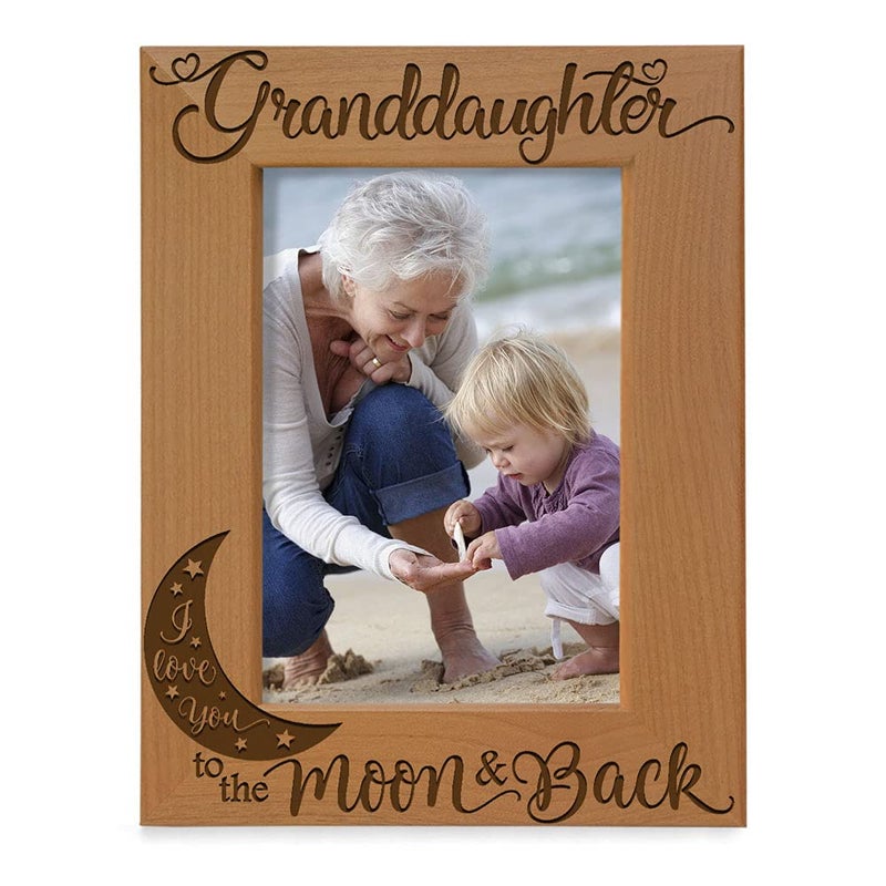 KATE POSH Granddaughter I Love You to the Moon and Back Engraved Wood Picture Frame Grandma Grandpa Gifts Christmas Birthday Mothers Day Fathers Day 4x6 Vertical