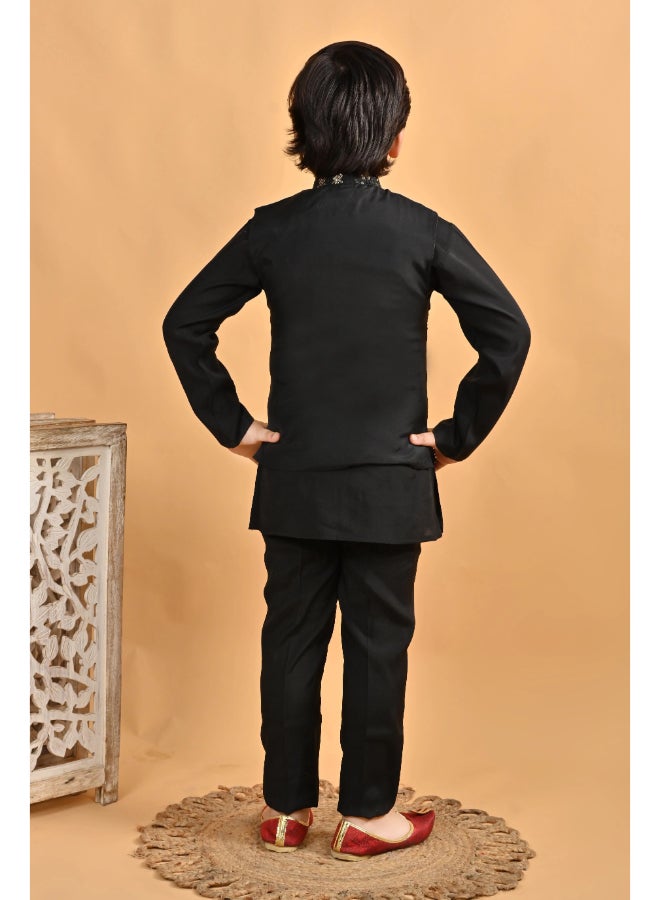 BT DEZINES Boys Black Cotton Kurta Pyjama Set with Waistcoat - Image 2