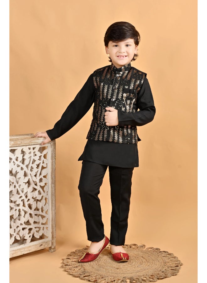 BT DEZINES Boys Black Cotton Kurta Pyjama Set with Waistcoat - Image 1