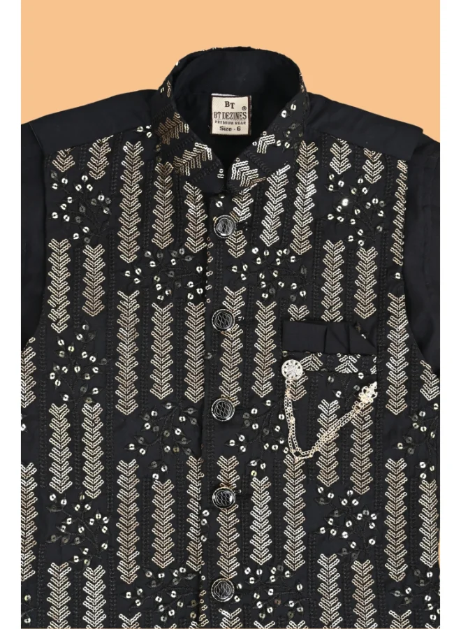 BT DEZINES Boys Black Cotton Kurta Pyjama Set with Waistcoat