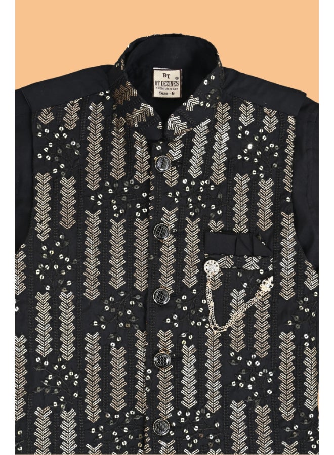 BT DEZINES Boys Black Cotton Kurta Pyjama Set with Waistcoat - Image 5