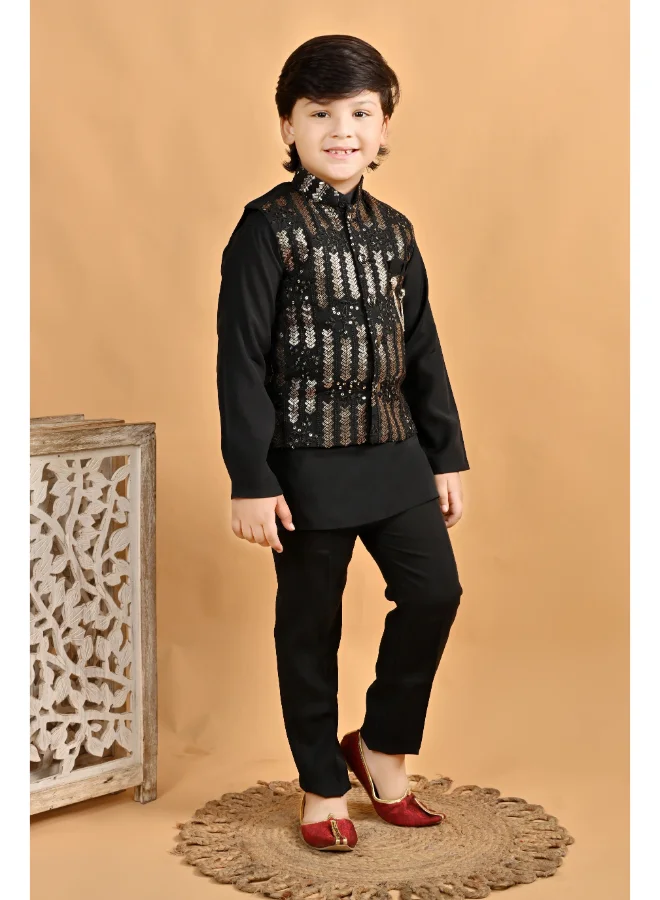 BT DEZINES Boys Black Cotton Kurta Pyjama Set with Waistcoat