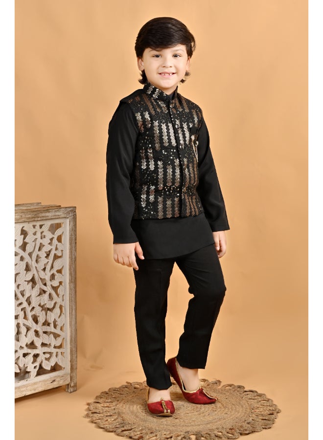 BT DEZINES Boys Black Cotton Kurta Pyjama Set with Waistcoat - Image 3