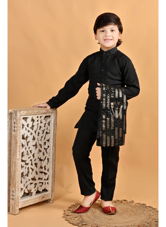 BT DEZINES Boys Black Cotton Kurta Pyjama Set with Waistcoat - Image 4