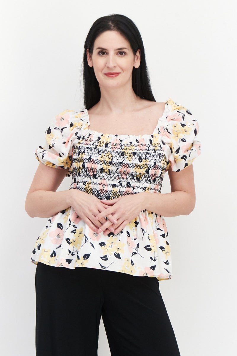 Kate Spade بلوزة نسائية بياقة مربعة وأكمام منتفخة بنقشة زهور، بيضاء - Image 1