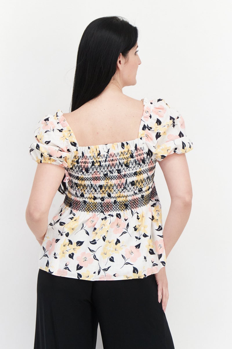 Kate Spade بلوزة نسائية بياقة مربعة وأكمام منتفخة بنقشة زهور، بيضاء - Image 2