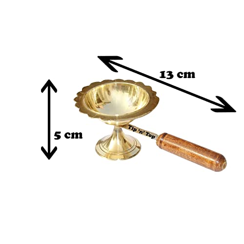 Tip 'n' Top Brass Table Diya | Oil/Ghee Lamp | Puja Diya with Long Wooden Handle for Grip and Safety (Set of 4pc Brass with Wooden Handle) (Size- 2 Inch) - Image 3