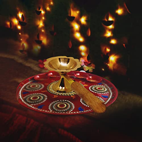 Tip 'n' Top Brass Table Diya | Oil/Ghee Lamp | Puja Diya with Long Wooden Handle for Grip and Safety (Set of 4pc Brass with Wooden Handle) (Size- 2 Inch) - Image 2