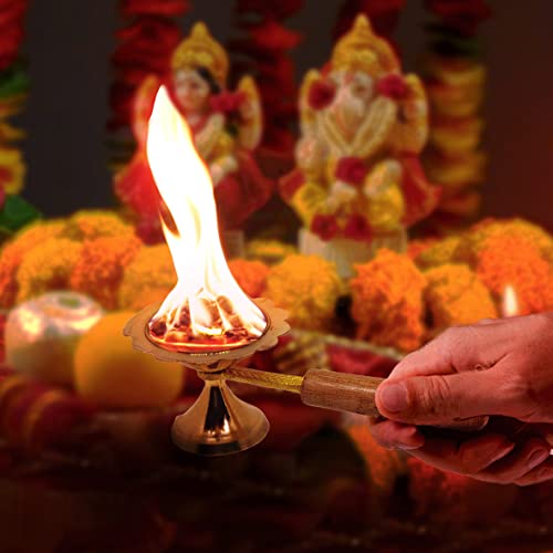 Tip 'n' Top Brass Table Diya | Oil/Ghee Lamp | Puja Diya with Long Wooden Handle for Grip and Safety (Set of 4pc Brass with Wooden Handle) (Size- 2 Inch) - Image 4