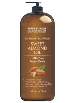 First Botany First Botany Cosmeceuticals, Cold Pressed Sweet Almond Oil - Triple AAA+ Grade Quality, For Hair, For Skin and For Face, 100% Pure and Natural with Pump dispenser, 16 fl oz  - Image 1