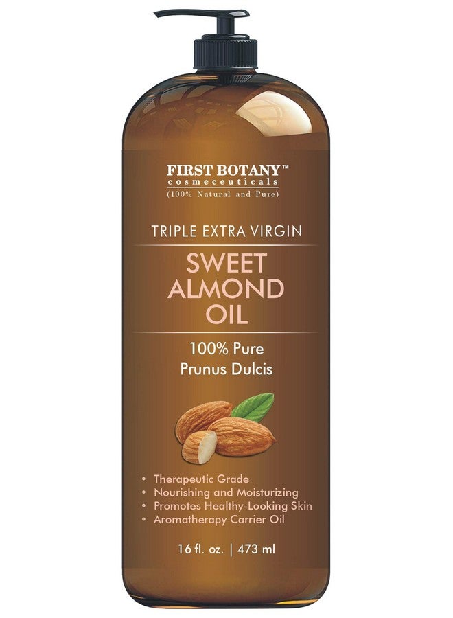 First Botany Cosmeceuticals, Cold Pressed Sweet Almond Oil - Triple AAA+ Grade Quality, For Hair, For Skin and For Face, 100% Pure and Natural with Pump dispenser, 16 fl oz - Image 1