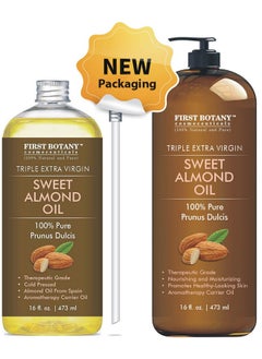 First Botany First Botany Cosmeceuticals, Cold Pressed Sweet Almond Oil - Triple AAA+ Grade Quality, For Hair, For Skin and For Face, 100% Pure and Natural with Pump dispenser, 16 fl oz  - Image 3