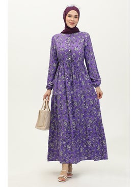 Sefa Merve Daisy Pattern Viscose Dress 0425-02 Purple  - Image 1