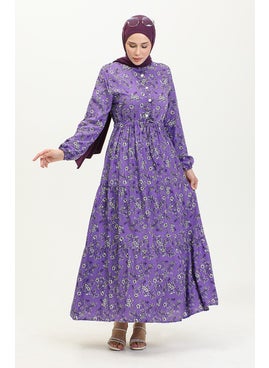 Sefa Merve Daisy Pattern Viscose Dress 0425-02 Purple  - Image 2