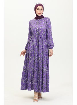 Sefa Merve Daisy Pattern Viscose Dress 0425-02 Purple  - Image 3