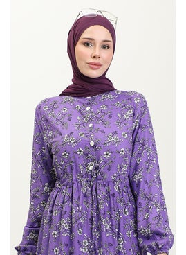 Sefa Merve Daisy Pattern Viscose Dress 0425-02 Purple  - Image 4