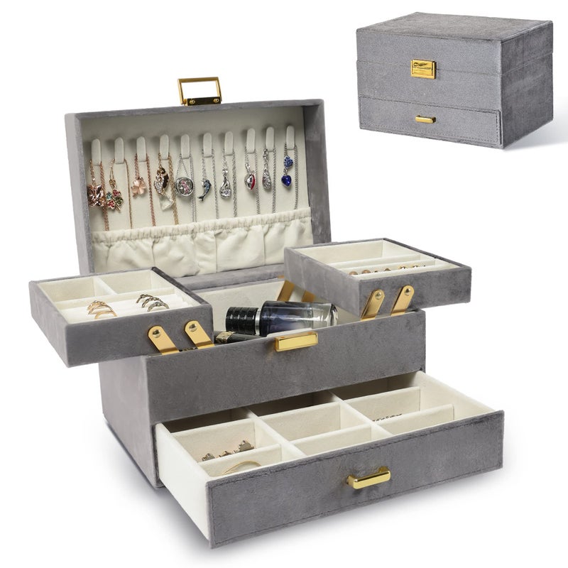 Dajasan Velvet Jewelry Boxes Women Jewelry Organizer Box 3 Layer Large Jewelry Storage Case for Birthday Mothers Day Valentines Day Grey