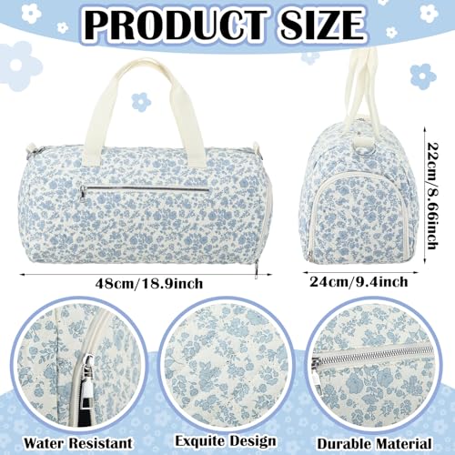 Dansydaisy Blue Floral Quilted Duffle Bag for Women Cotton Large Floral Travel Duffle Dance Bag with Adjustable Carry Strap and Handy Pouch Backpack for Dancers Travel - Image 3