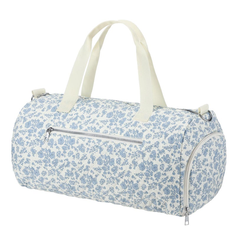 Dansydaisy Blue Floral Quilted Duffle Bag for Women Cotton Large Floral Travel Duffle Dance Bag with Adjustable Carry Strap and Handy Pouch Backpack for Dancers Travel - Image 2