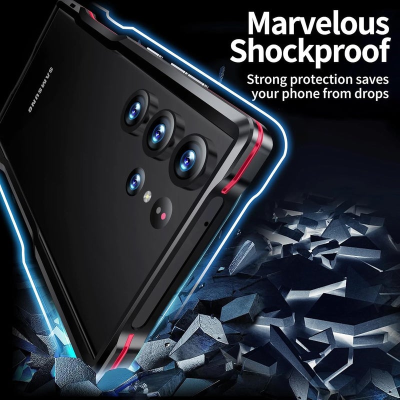 Excefore Metal Bumper Case For Samsung Galaxy S24 Ultra, Mecha Style 360 Full Body Drop Shockproof Protection Case, Super Tough Lightweight Military Grade Aluminum Alloy Frame Metal Button, Red - Image 2