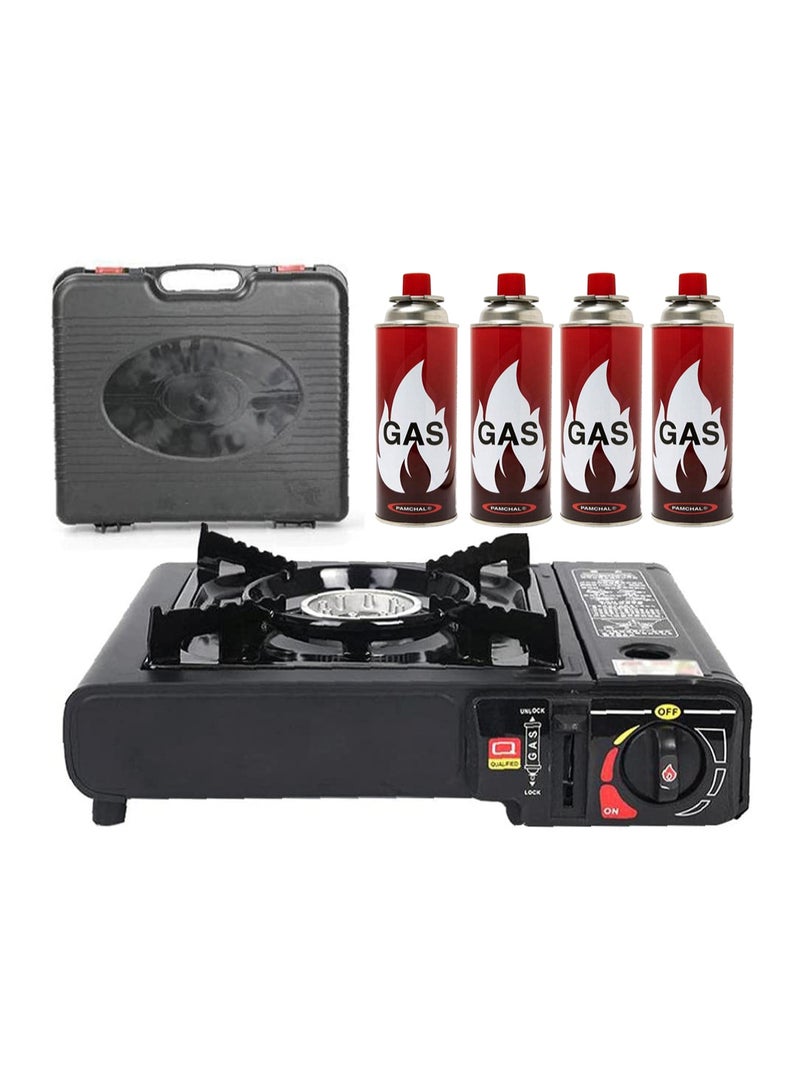 JIHAM Portable Butane Gas Camping Stove with 4 Pcs Butane Gas Cartridges & Carry Case | Auto Ignition Single Burner Outdoor Cooker | Heavy-Duty Portable Gas Stove for Camping, BBQ, Picnic, Travelling, Hiking, Fishing & Emergency Cooking - Image 1
