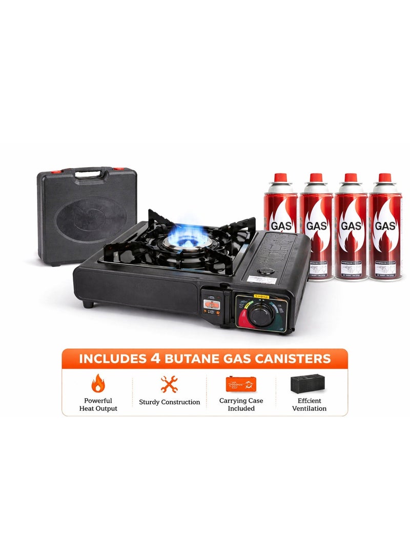 JIHAM Portable Butane Gas Camping Stove with 4 Pcs Butane Gas Cartridges & Carry Case | Auto Ignition Single Burner Outdoor Cooker | Heavy-Duty Portable Gas Stove for Camping, BBQ, Picnic, Travelling, Hiking, Fishing & Emergency Cooking - Image 3