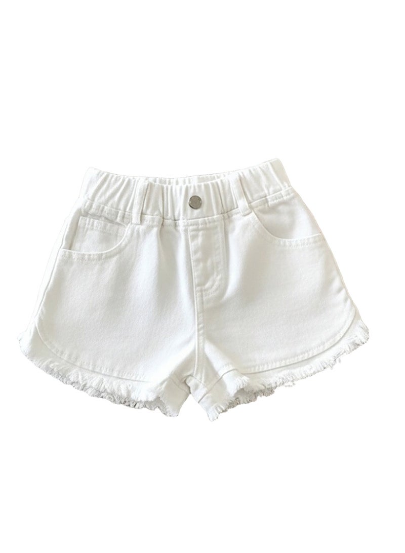 ويني بي شورت جينز بناتي للأطفال (من 2 إلى 10 سنوات) | لون أبيض وأسود كلاسيكي | حافة ممزقة وحزام مطاطي | ملابس صيفية كاجوال - Image 5