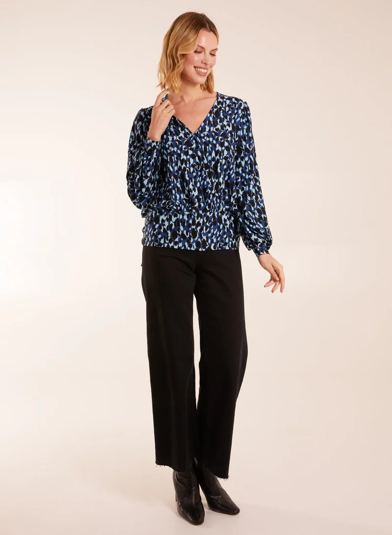 Blue Vanilla Wrap Front Leopard Print Deep Hem Band Top