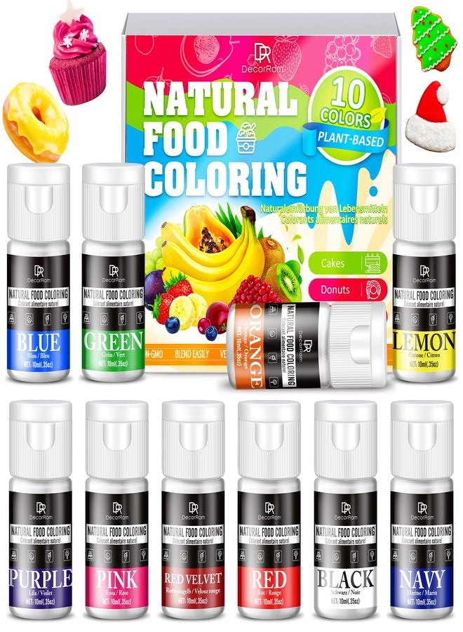 DecorRom Natural Food Coloring, 10 Colors Bright Liquid Dye Free Food Coloring, Plant Based Food Colorings for Baking, DIY Cake Making, Cookie Decorating, Donut, Cream, Fondant, Candy & Baking Adult Hobby - Image 1