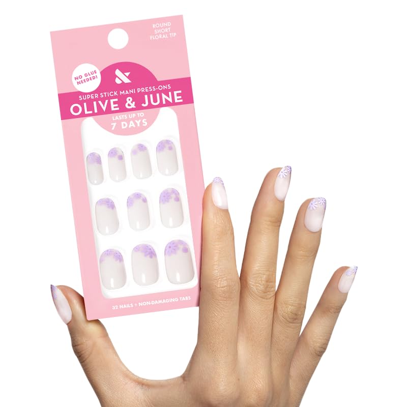 Olive & June Classic Super Stick Mani Press On Nails | No Glue Needed | 32 Tab Nails 16 Sizes | Non-Toxic Tabs Non-Damaging 7-Day Wear | Spring Flowers & Patterns| Short, Round| Floral Tip - Image 1