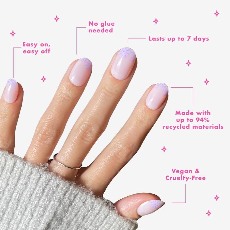 Olive & June Classic Super Stick Mani Press On Nails | No Glue Needed | 32 Tab Nails 16 Sizes | Non-Toxic Tabs Non-Damaging 7-Day Wear | Spring Flowers & Patterns| Short, Round| Floral Tip - Image 4