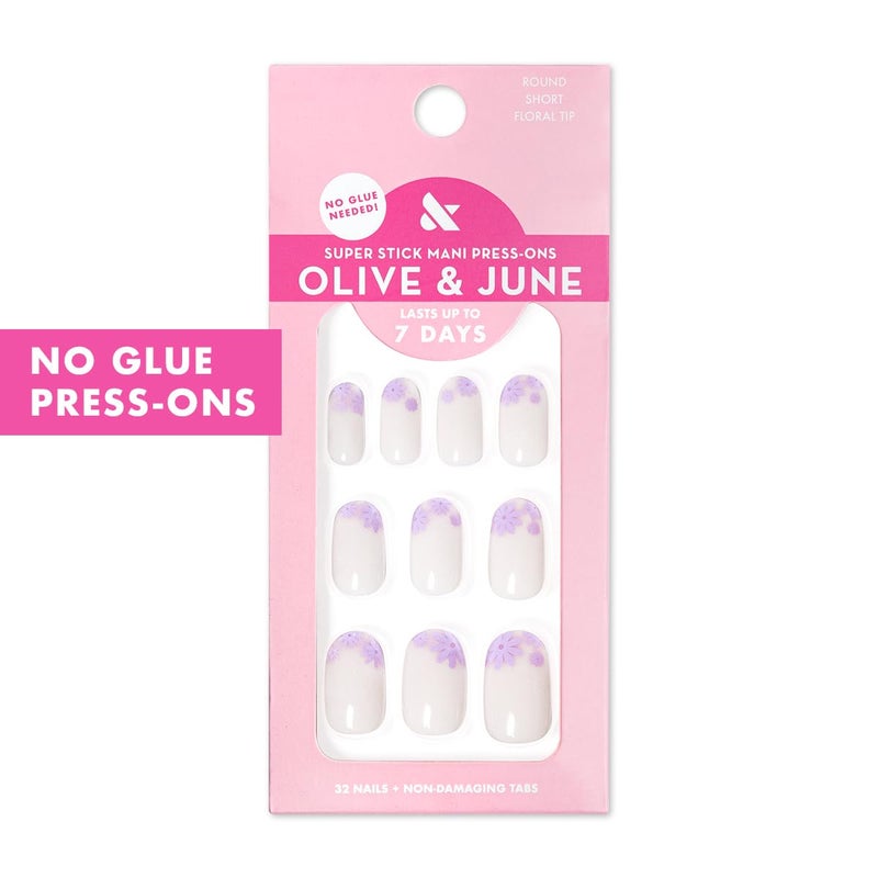 Olive & June Classic Super Stick Mani Press On Nails | No Glue Needed | 32 Tab Nails 16 Sizes | Non-Toxic Tabs Non-Damaging 7-Day Wear | Spring Flowers & Patterns| Short, Round| Floral Tip - Image 2