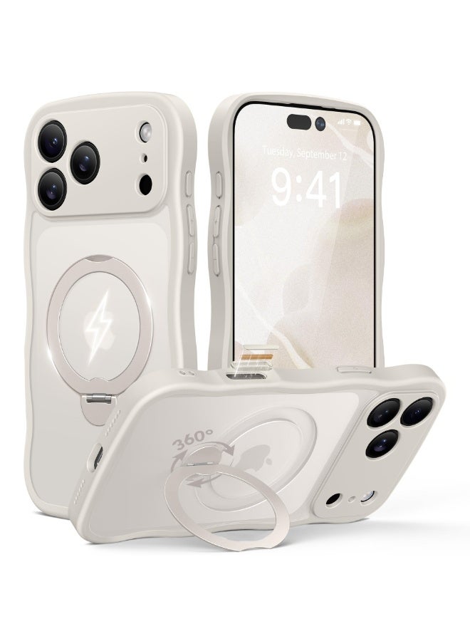 جولبينبوكس غطاء آيفون 17 برو ماكس مع MagSafe وحامل مغناطيسي دوار 360°، ‏[متوافق مع MagSafe] ‏[حافة على شكل موجة لطيفة] ‏[حماية بدرجة عسكرية]، غطاء هاتف آيفون 17 برو ماكس، باللون الأبيض العاجي - Image 1