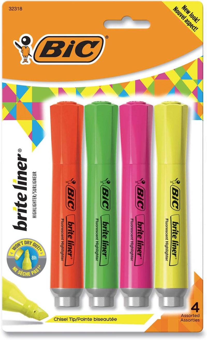 BIC Brite Liner Grip XL Highlighter Set - Assorted Fluorescent Colors, Chisel Tip, 8 Count - Image 2