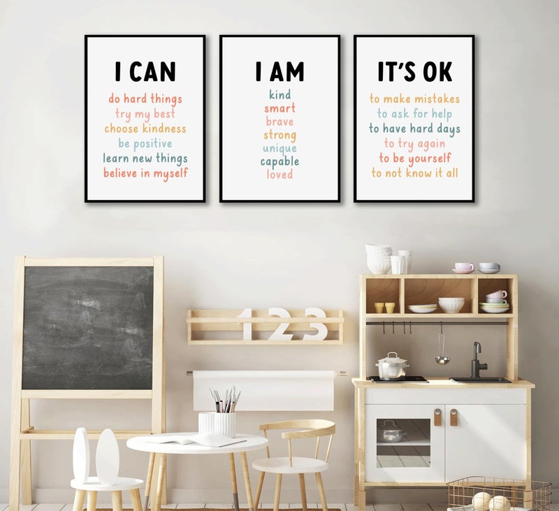 PPJ 3Pcs Affirmations For Kids Wall Art Nursery Wall Decor Daily Inspirational Quotes Prints Posters Kids Bedroom Canvas Painting I Am I Can Words Pictures for Nursery Classroom Bedroom Unframed - Image 3
