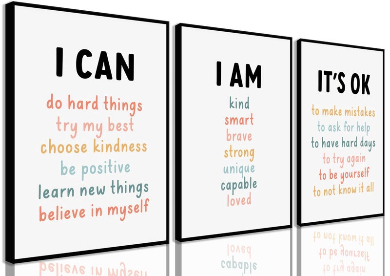 PPJ 3Pcs Affirmations For Kids Wall Art Nursery Wall Decor Daily Inspirational Quotes Prints Posters Kids Bedroom Canvas Painting I Am I Can Words Pictures for Nursery Classroom Bedroom Unframed - Image 1