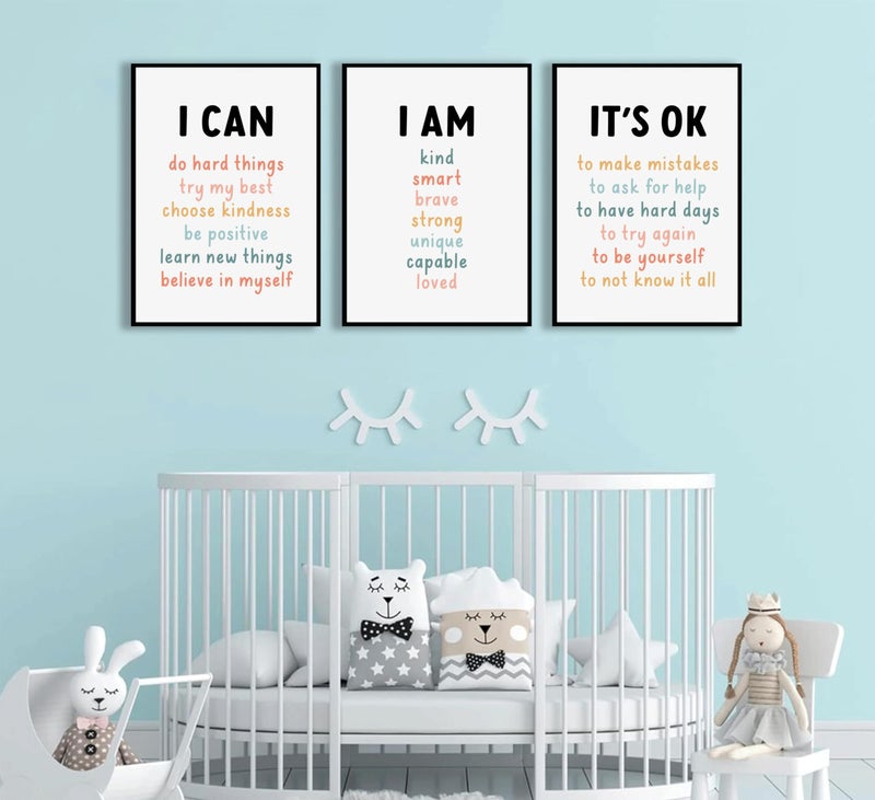 PPJ 3Pcs Affirmations For Kids Wall Art Nursery Wall Decor Daily Inspirational Quotes Prints Posters Kids Bedroom Canvas Painting I Am I Can Words Pictures for Nursery Classroom Bedroom Unframed - Image 4
