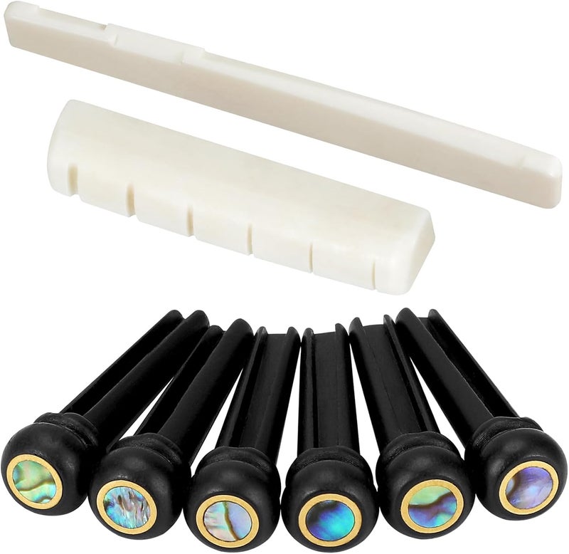 Blisstime 6 String Acoustic Guitar Bone Bridge Saddle and Nut and 6pcs Ebony Guitar Bridge Pins - Image 1