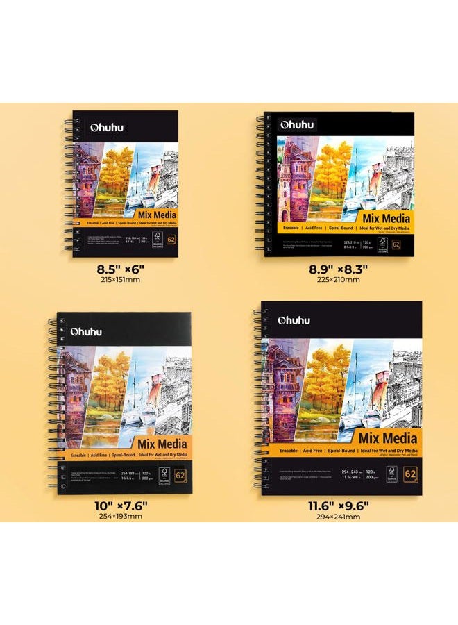 Ohuhu دفتر وسائط مختلطة، دفتر رسم وسائط مختلطة، 120 رطل/200 جرام لكل متر مربع ورق ثقيل 62 ورقة/124 صفحة، دفتر ورق وسائط مختلطة ملزم حلزوني للرسم بالأكريليك، الطلاء (8.5"x 6") - Image 5