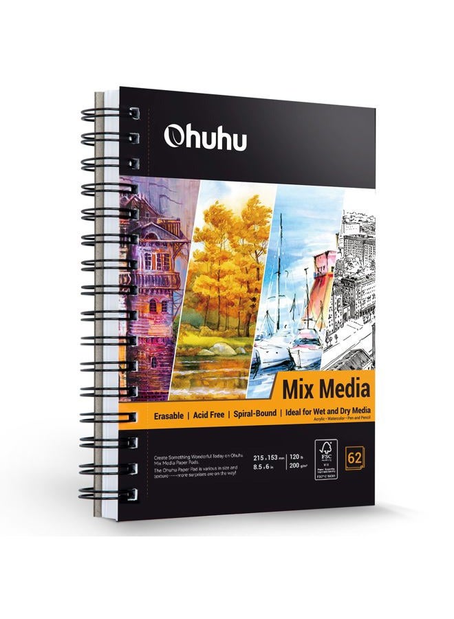 Ohuhu دفتر وسائط مختلطة، دفتر رسم وسائط مختلطة، 120 رطل/200 جرام لكل متر مربع ورق ثقيل 62 ورقة/124 صفحة، دفتر ورق وسائط مختلطة ملزم حلزوني للرسم بالأكريليك، الطلاء (8.5"x 6") - Image 1