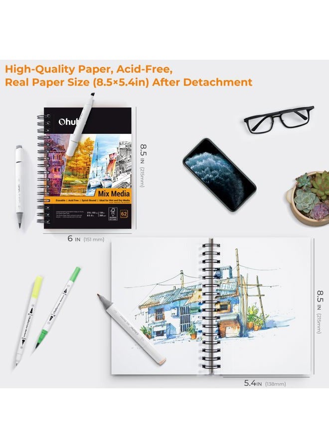 Ohuhu دفتر وسائط مختلطة، دفتر رسم وسائط مختلطة، 120 رطل/200 جرام لكل متر مربع ورق ثقيل 62 ورقة/124 صفحة، دفتر ورق وسائط مختلطة ملزم حلزوني للرسم بالأكريليك، الطلاء (8.5"x 6") - Image 2