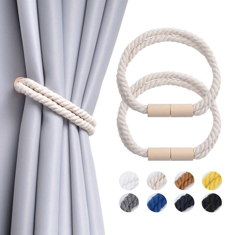 NICEEC NICEEC 2 Pack Wooden Magnetic Curtain Tiebacks Boho Decoration Drape Tie Backs Natural Cotton Handmade Double Rope Curtain Holdbacks for Thin or Thick Home  Office Window Drapery New Beige