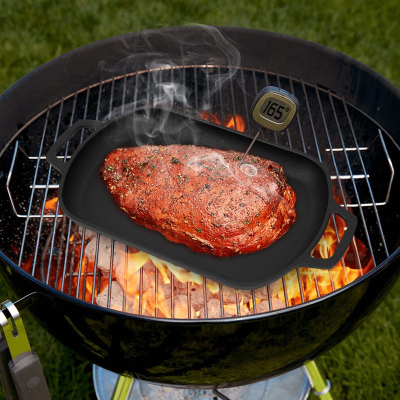 Mimiuo Cast Iron Sizzler Pan for Pizza Oven and Grill, 14 Inch Non-Stick Sizzling Fajita Skillet Rectangular Griddle Pan with Removable Handle for Stove Cooking Grilling Meats Seafood - Image 4
